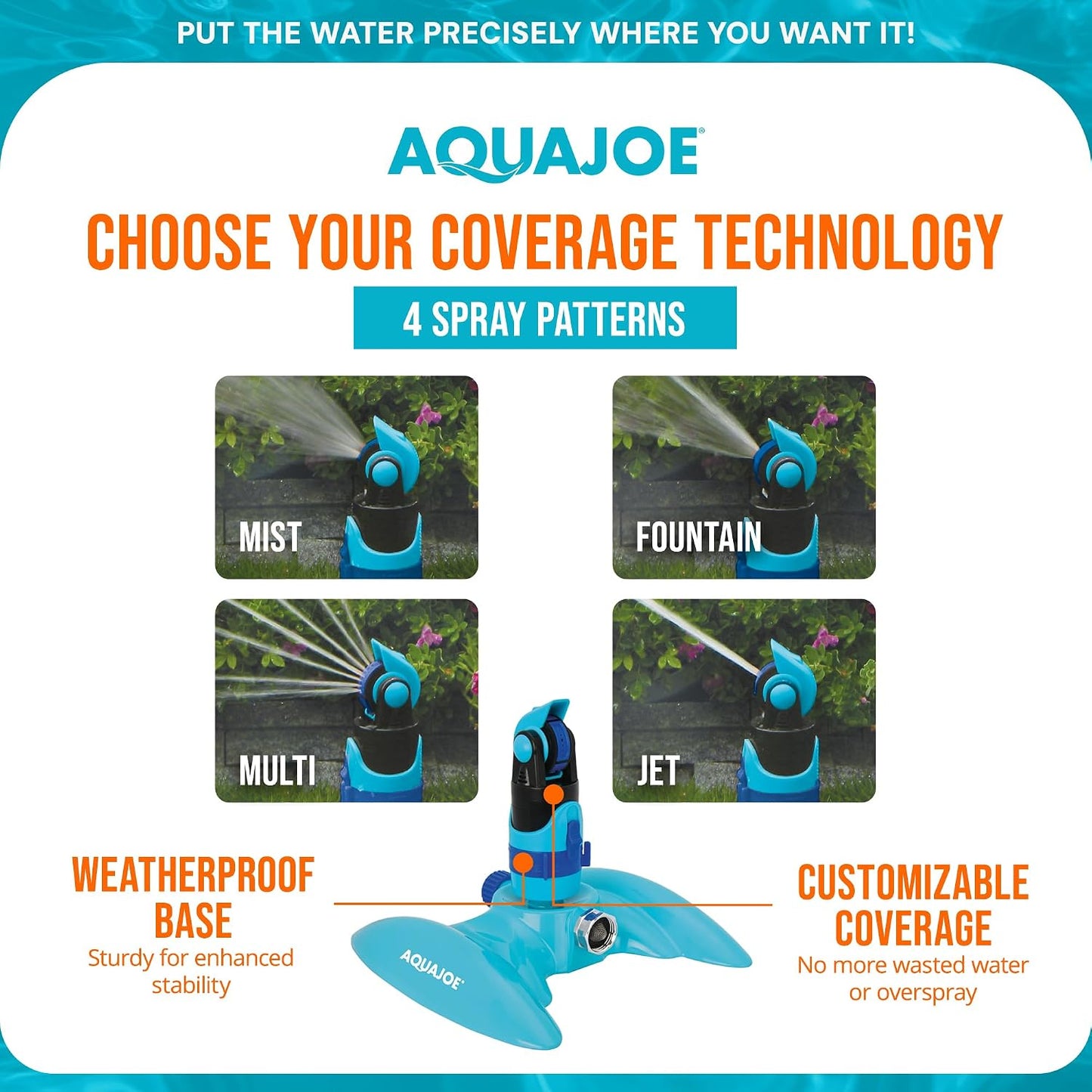 AJ-MSSBM 4-Pattern Sprinkler with 360-Degree Rotation and Metal Base, Up to 3,740-Square-Foot Coverage