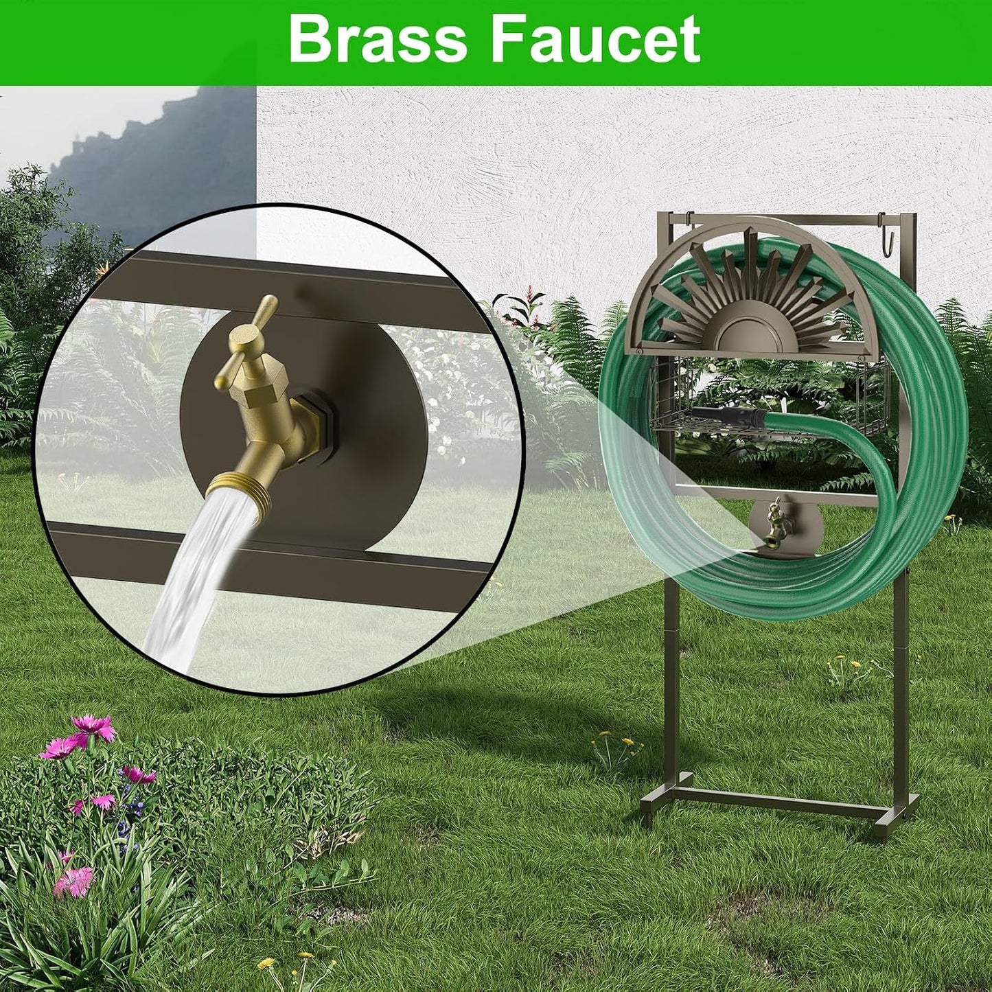 Garden Hose Reel Holder Stand Holds 150ft of 5/8 Hose with 2 Hooks