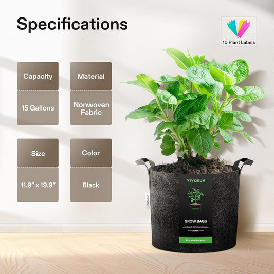 5-Pack 15 Gallon Plant Grow Bags Fabric Pots with Handles