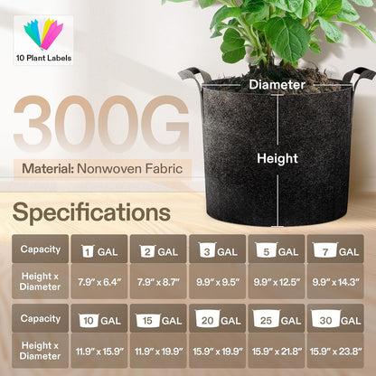 5-Pack 15 Gallon Plant Grow Bags Fabric Pots with Handles