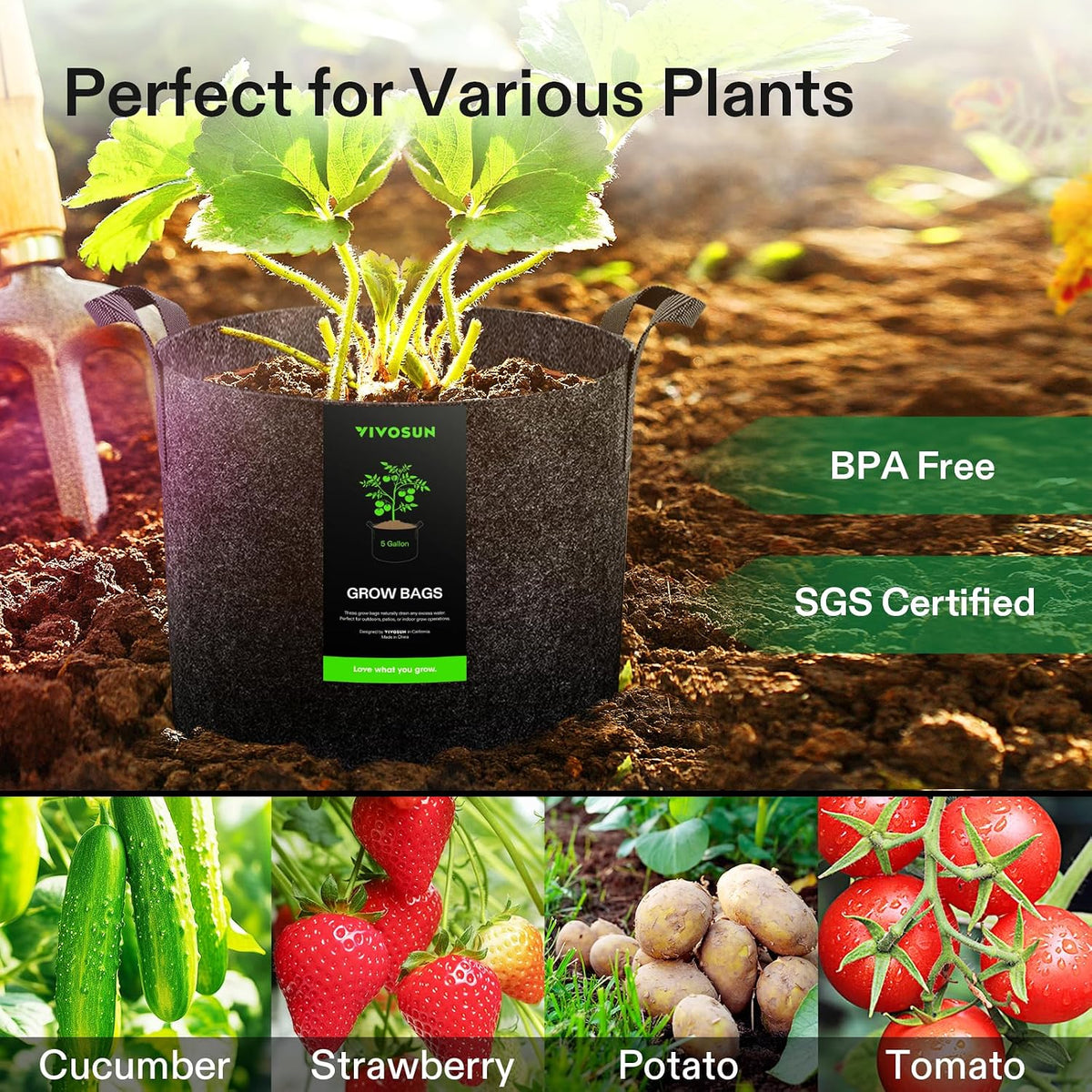 5-Pack 15 Gallon Plant Grow Bags Fabric Pots with Handles