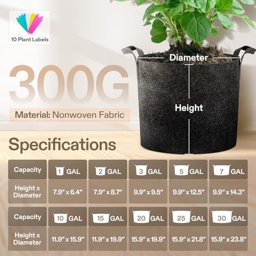 5-Pack 15 Gallon Plant Grow Bags Fabric Pots with Handles