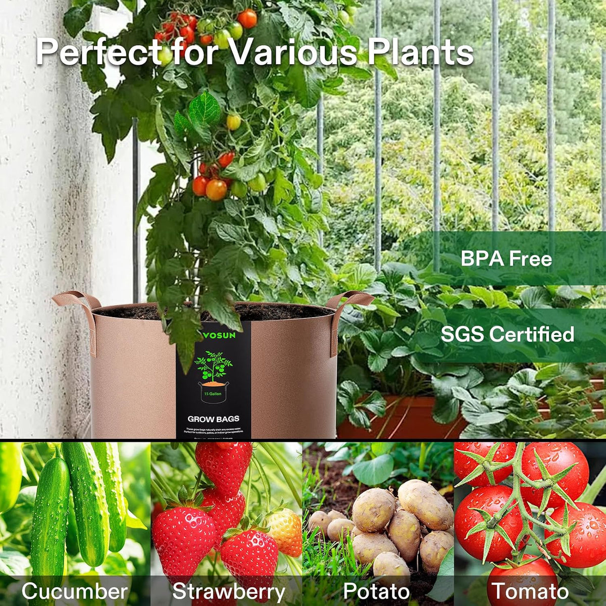5-Pack 15 Gallon Plant Grow Bags Fabric Pots with Handles