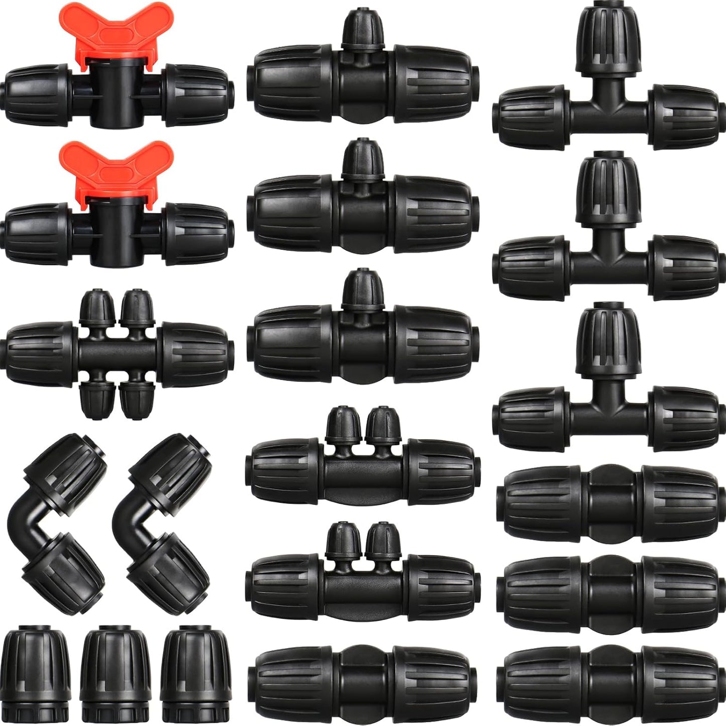 Drip Irrigation Fittings Kit for 1/2 Inch Drip Tubing, 20 Pieces 1/2" Drip Line Anti-Drop Barbed Locked Nut Connectors - 4 Couplings 3 Tees 3 Plugs 2 Valves 2 Elbows 6 Reducing Tees