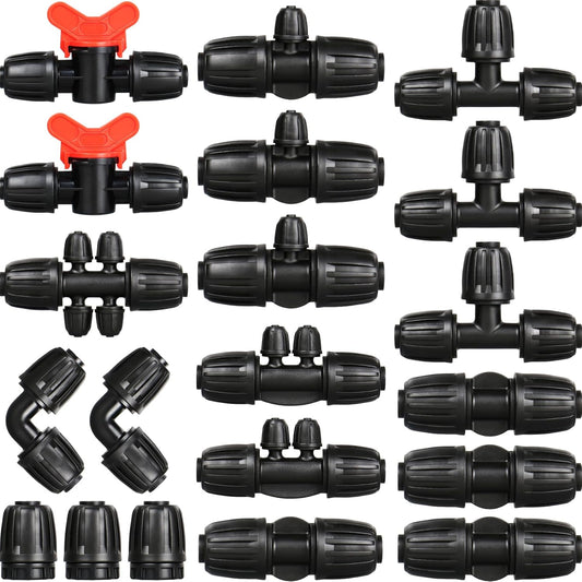 Drip Irrigation Fittings Kit for 1/2 Inch Drip Tubing, 20 Pieces 1/2" Drip Line Anti-Drop Barbed Locked Nut Connectors - 4 Couplings 3 Tees 3 Plugs 2 Valves 2 Elbows 6 Reducing Tees