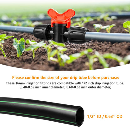 Drip Irrigation Fittings Kit for 1/2 Inch Drip Tubing, 20 Pieces 1/2" Drip Line Anti-Drop Barbed Locked Nut Connectors - 4 Couplings 3 Tees 3 Plugs 2 Valves 2 Elbows 6 Reducing Tees