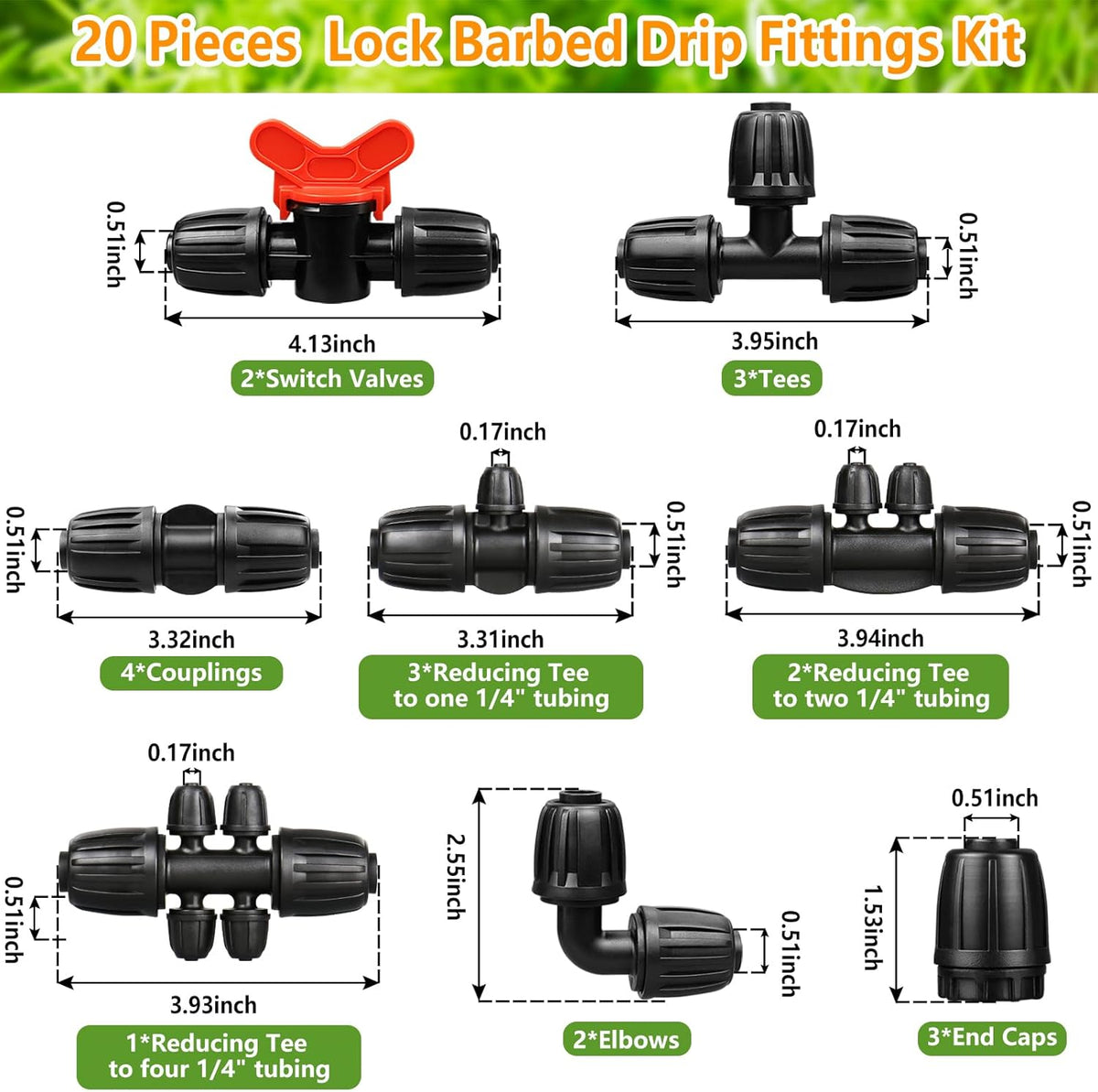 Drip Irrigation Fittings Kit for 1/2 Inch Drip Tubing, 20 Pieces 1/2" Drip Line Anti-Drop Barbed Locked Nut Connectors - 4 Couplings 3 Tees 3 Plugs 2 Valves 2 Elbows 6 Reducing Tees