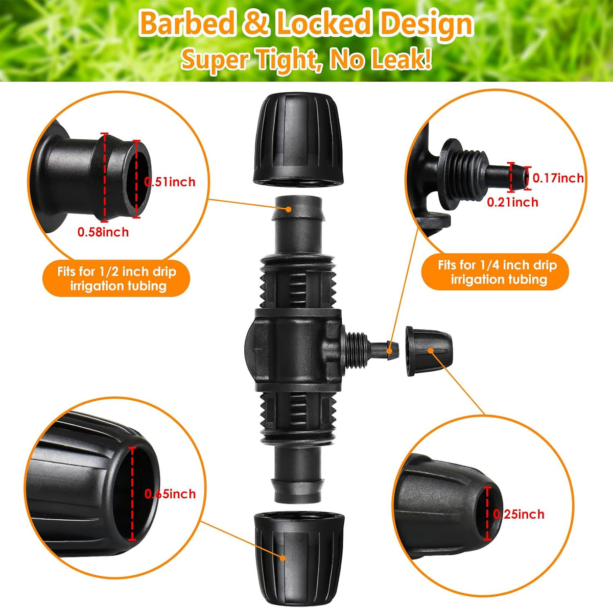 Drip Irrigation Fittings Kit for 1/2 Inch Drip Tubing, 20 Pieces 1/2" Drip Line Anti-Drop Barbed Locked Nut Connectors - 4 Couplings 3 Tees 3 Plugs 2 Valves 2 Elbows 6 Reducing Tees