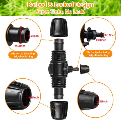 Drip Irrigation Fittings Kit for 1/2 Inch Drip Tubing, 20 Pieces 1/2" Drip Line Anti-Drop Barbed Locked Nut Connectors - 4 Couplings 3 Tees 3 Plugs 2 Valves 2 Elbows 6 Reducing Tees