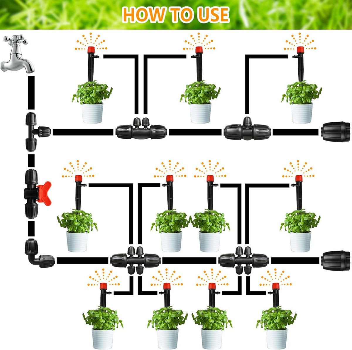 Drip Irrigation Fittings Kit for 1/2 Inch Drip Tubing, 20 Pieces 1/2" Drip Line Anti-Drop Barbed Locked Nut Connectors - 4 Couplings 3 Tees 3 Plugs 2 Valves 2 Elbows 6 Reducing Tees