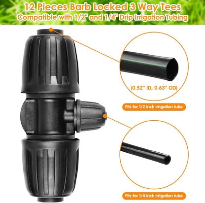 Drip Irrigation Fittings Kit for 1/2 Inch Drip Tubing, 20 Pieces 1/2" Drip Line Anti-Drop Barbed Locked Nut Connectors - 4 Couplings 3 Tees 3 Plugs 2 Valves 2 Elbows 6 Reducing Tees