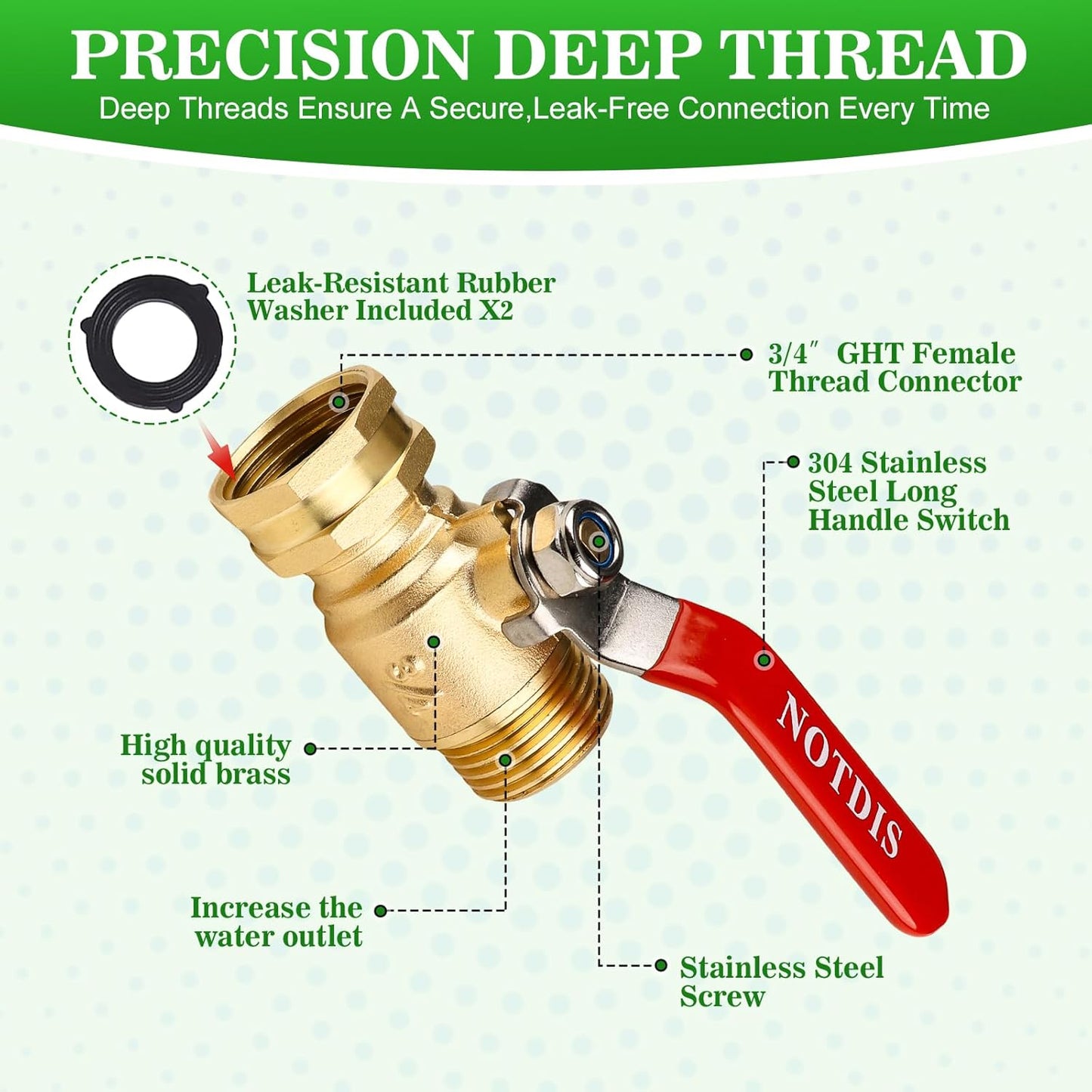 Hose Splitter 2 Way Heavy Duty Brass Garden Hose Splitter with 304 Stainless Steel Long Handle Outdoor Full Flow Hose Splitter Connector,Y Valve 3/4 Inch GHT Thread