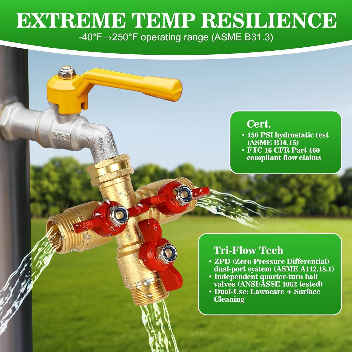 Hose Splitter 2 Way Heavy Duty Brass Garden Hose Splitter with 304 Stainless Steel Long Handle Outdoor Full Flow Hose Splitter Connector,Y Valve 3/4 Inch GHT Thread