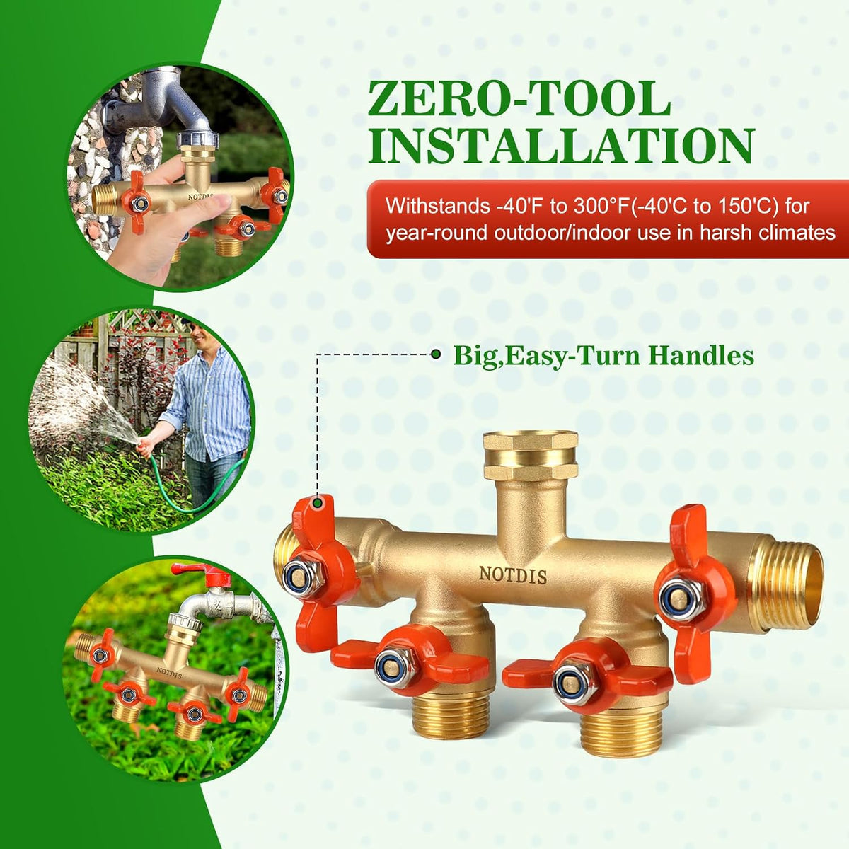 Hose Splitter 2 Way Heavy Duty Brass Garden Hose Splitter with 304 Stainless Steel Long Handle Outdoor Full Flow Hose Splitter Connector,Y Valve 3/4 Inch GHT Thread