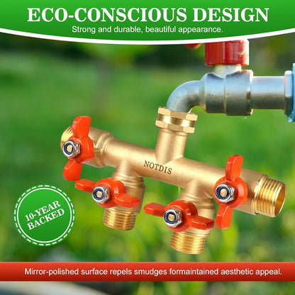 Hose Splitter 2 Way Heavy Duty Brass Garden Hose Splitter with 304 Stainless Steel Long Handle Outdoor Full Flow Hose Splitter Connector,Y Valve 3/4 Inch GHT Thread
