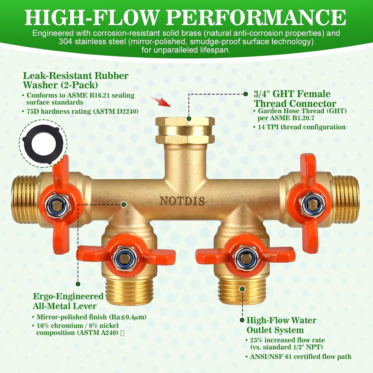 Hose Splitter 2 Way Heavy Duty Brass Garden Hose Splitter with 304 Stainless Steel Long Handle Outdoor Full Flow Hose Splitter Connector,Y Valve 3/4 Inch GHT Thread