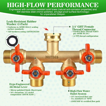 Hose Splitter 2 Way Heavy Duty Brass Garden Hose Splitter with 304 Stainless Steel Long Handle Outdoor Full Flow Hose Splitter Connector,Y Valve 3/4 Inch GHT Thread