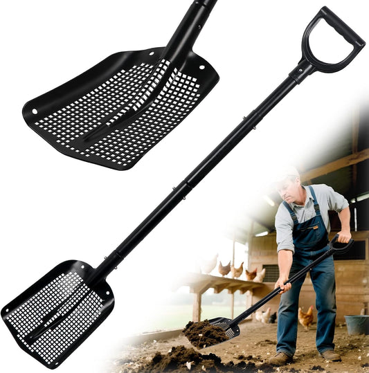 Heavy Duty Sifting Shovel with Adjustable Handle (26"-48") – Metal Sand Sifter Scoop with D-Grip for Chicken Coop, Beach, Farm Goat Stall & Garden Poop Cleaning – Durable Mesh Design