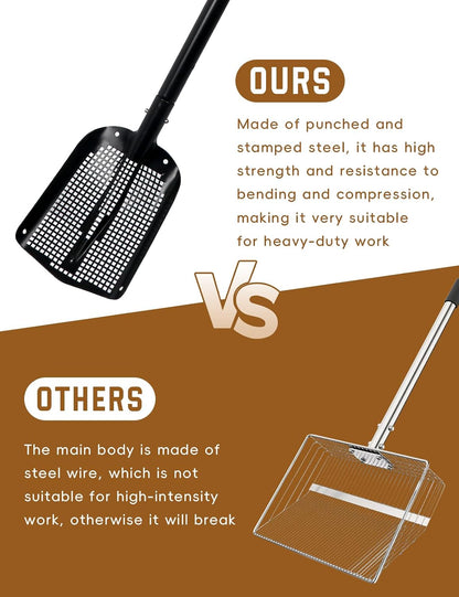 Heavy Duty Sifting Shovel with Adjustable Handle (26"-48") – Metal Sand Sifter Scoop with D-Grip for Chicken Coop, Beach, Farm Goat Stall & Garden Poop Cleaning – Durable Mesh Design