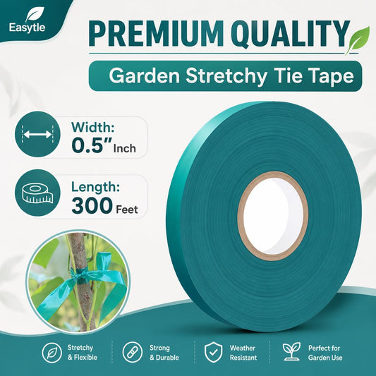 300 Ft Garden Tape Roll, 1/2" Wide Stretch Tie Tape Roll, Thick Sturdy Garden Tie Plant Ribbon Green Vinyl Stake Gardening Support Tools for Indoor Outdoor Patio Plant Use