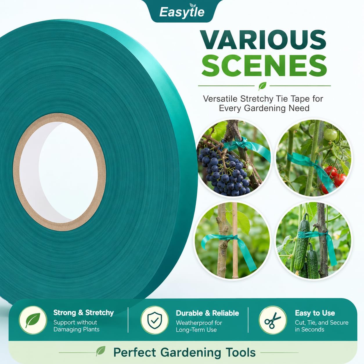 300 Ft Garden Tape Roll, 1/2" Wide Stretch Tie Tape Roll, Thick Sturdy Garden Tie Plant Ribbon Green Vinyl Stake Gardening Support Tools for Indoor Outdoor Patio Plant Use