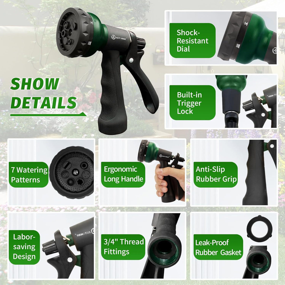 Garden Hose Nozzle, 2 Pack Water Sprayer Nozzle with 7 Adjustable Watering Patterns,Slip Resistant Nozzle for Plants,Lawn,Washing Cars,Window Cleaning,Showering Pets & Outdoor Fun