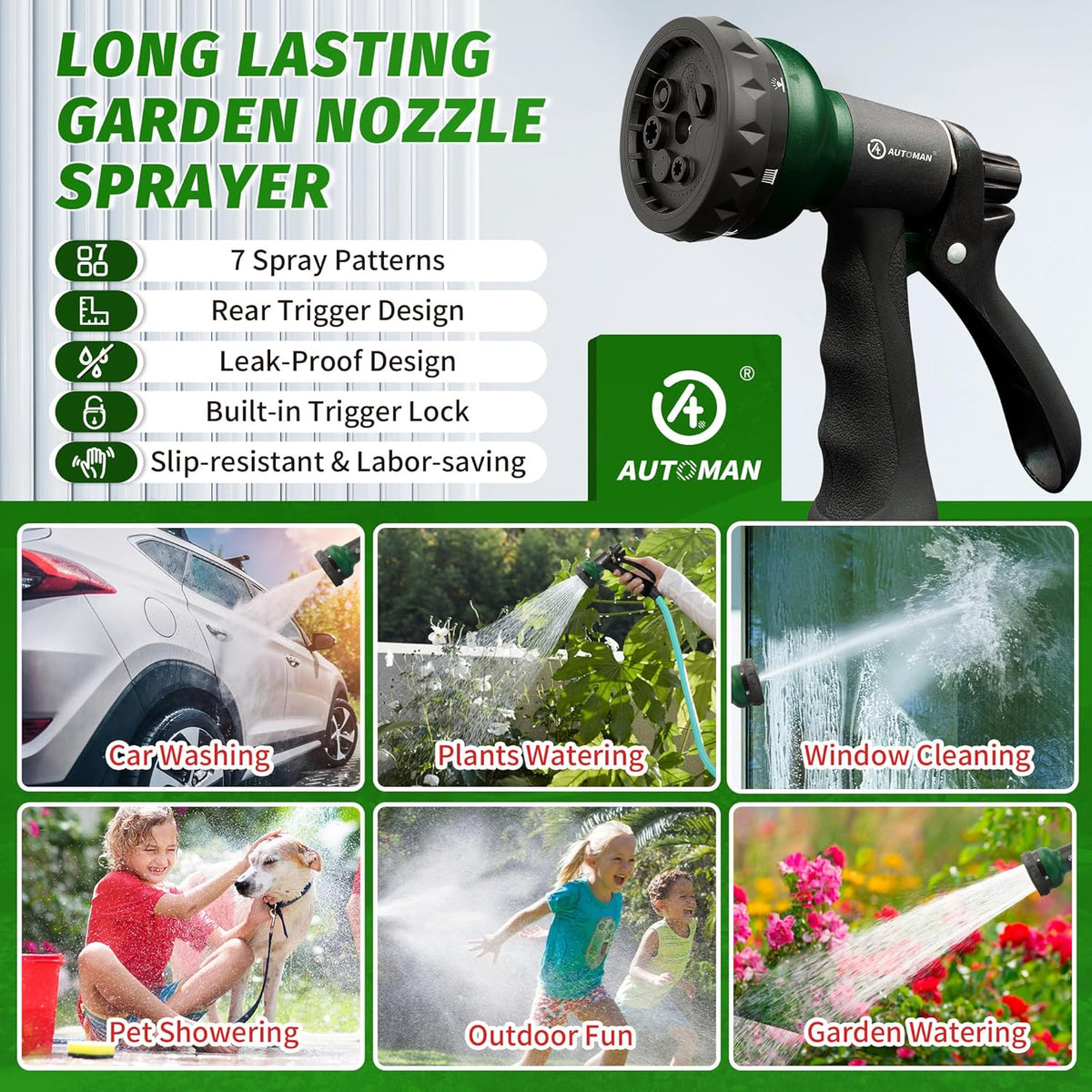 Garden Hose Nozzle, 2 Pack Water Sprayer Nozzle with 7 Adjustable Watering Patterns,Slip Resistant Nozzle for Plants,Lawn,Washing Cars,Window Cleaning,Showering Pets & Outdoor Fun