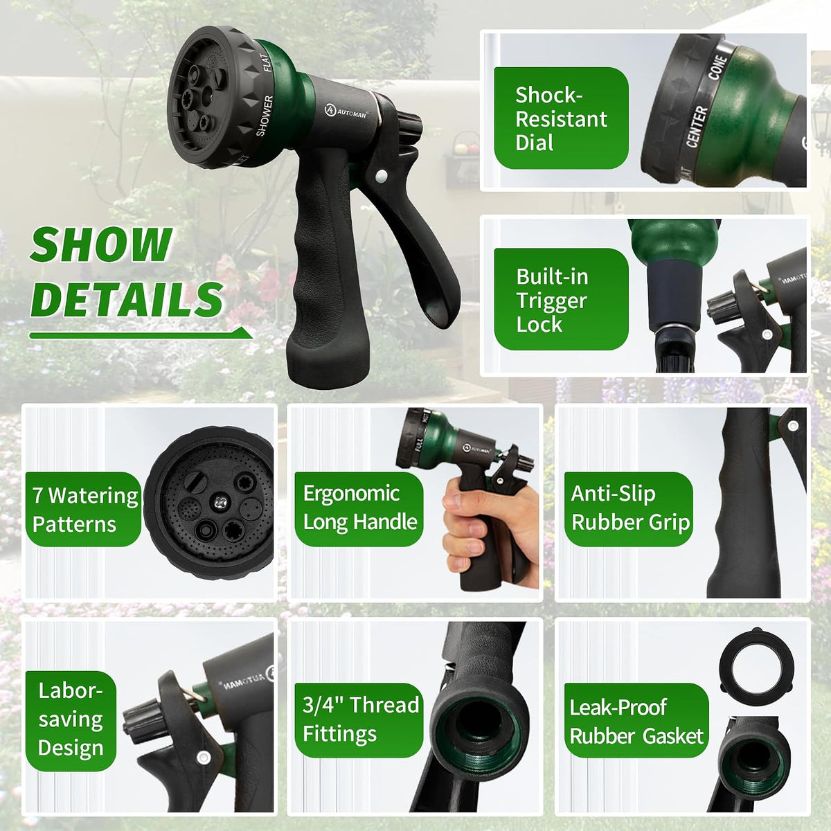 Garden Hose Nozzle, 2 Pack Water Sprayer Nozzle with 7 Adjustable Watering Patterns,Slip Resistant Nozzle for Plants,Lawn,Washing Cars,Window Cleaning,Showering Pets & Outdoor Fun