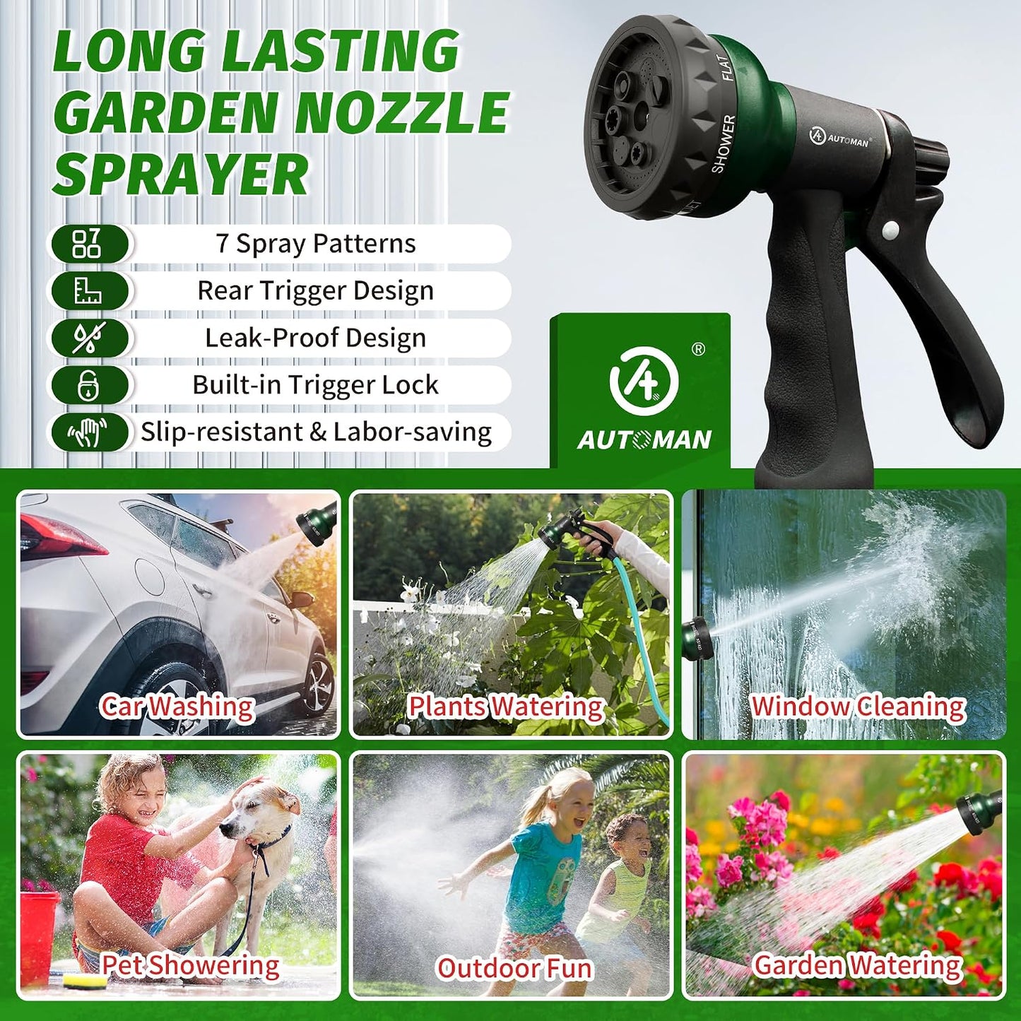 Garden Hose Nozzle, 2 Pack Water Sprayer Nozzle with 7 Adjustable Watering Patterns,Slip Resistant Nozzle for Plants,Lawn,Washing Cars,Window Cleaning,Showering Pets & Outdoor Fun