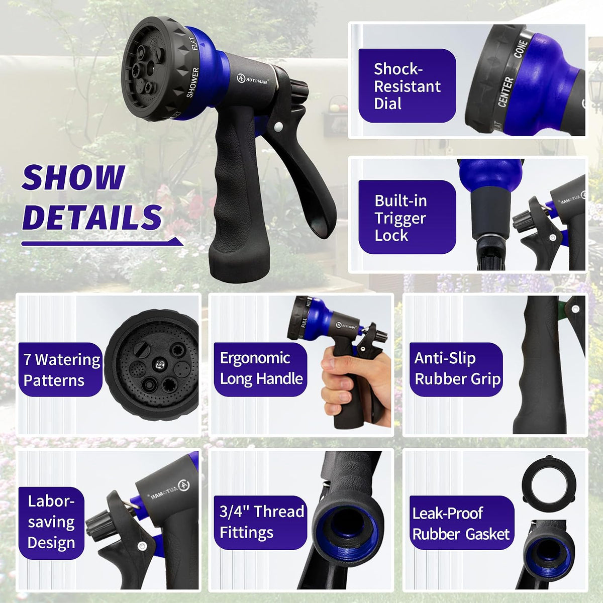Garden Hose Nozzle, 2 Pack Water Sprayer Nozzle with 7 Adjustable Watering Patterns,Slip Resistant Nozzle for Plants,Lawn,Washing Cars,Window Cleaning,Showering Pets & Outdoor Fun