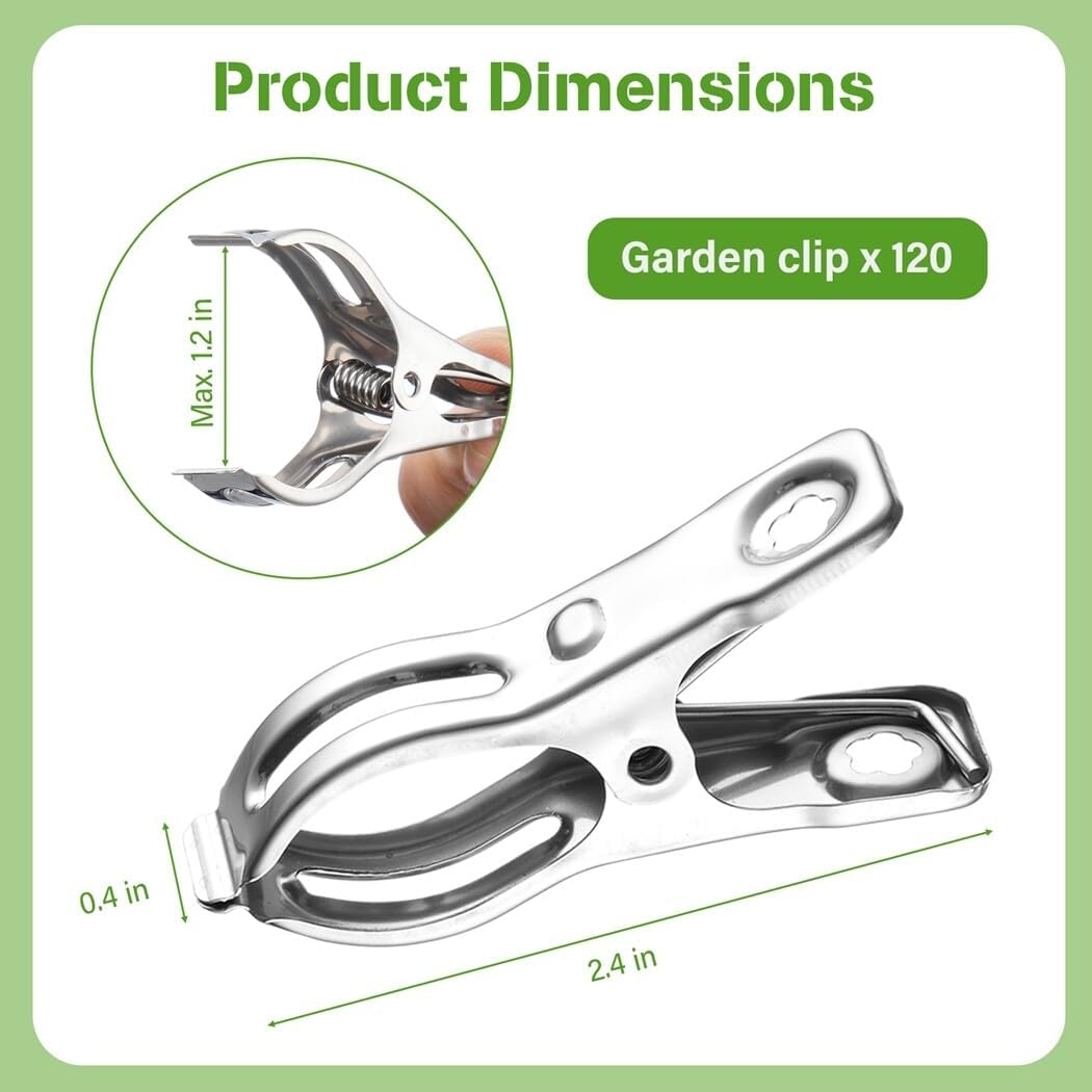 120Pcs Garden Clips, Stainless Steel Clips with 1.2 Inches Opening, Greenhouse Clips Hoop Clamps for Shade Cloth or Plant Cover Netting, Grip Strong Heavy Duty Green House Supplies
