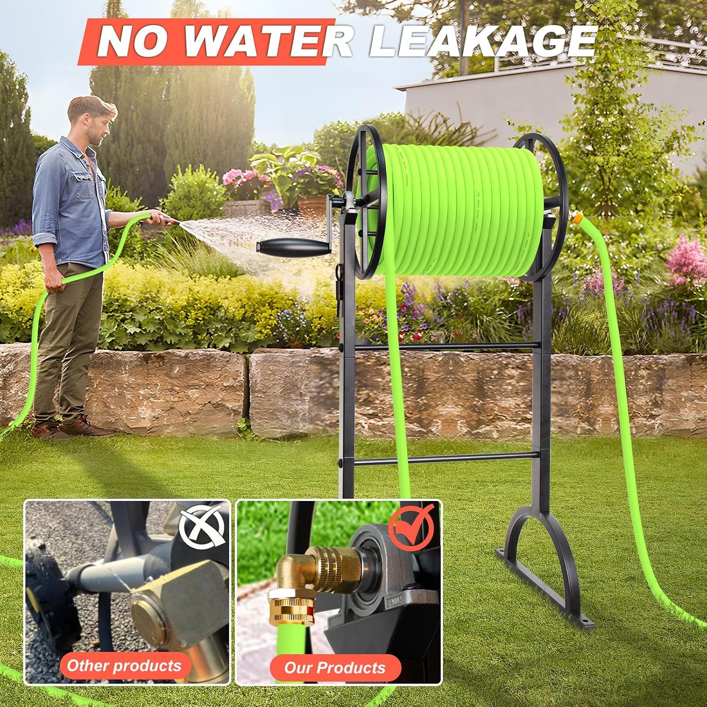 Garden Hose Reel,Upgrade Garden Hose Holder,Outside Heavy Duty Metal Freestanding Water Hose Holder Winder,Holds Up 150FT 1/2" Hose for Garden Lawn Yard