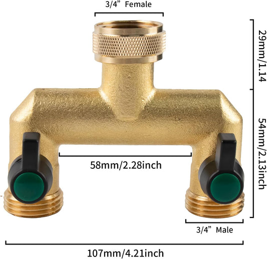 Hose Splitter, 2 Way Heavy Duty Brass Garden Hose Splitter, Outdoor Faucet Splitter, for 3/4" Hose Connector, Hose Spigot Adapter with 2 Individual ON/Off Valves
