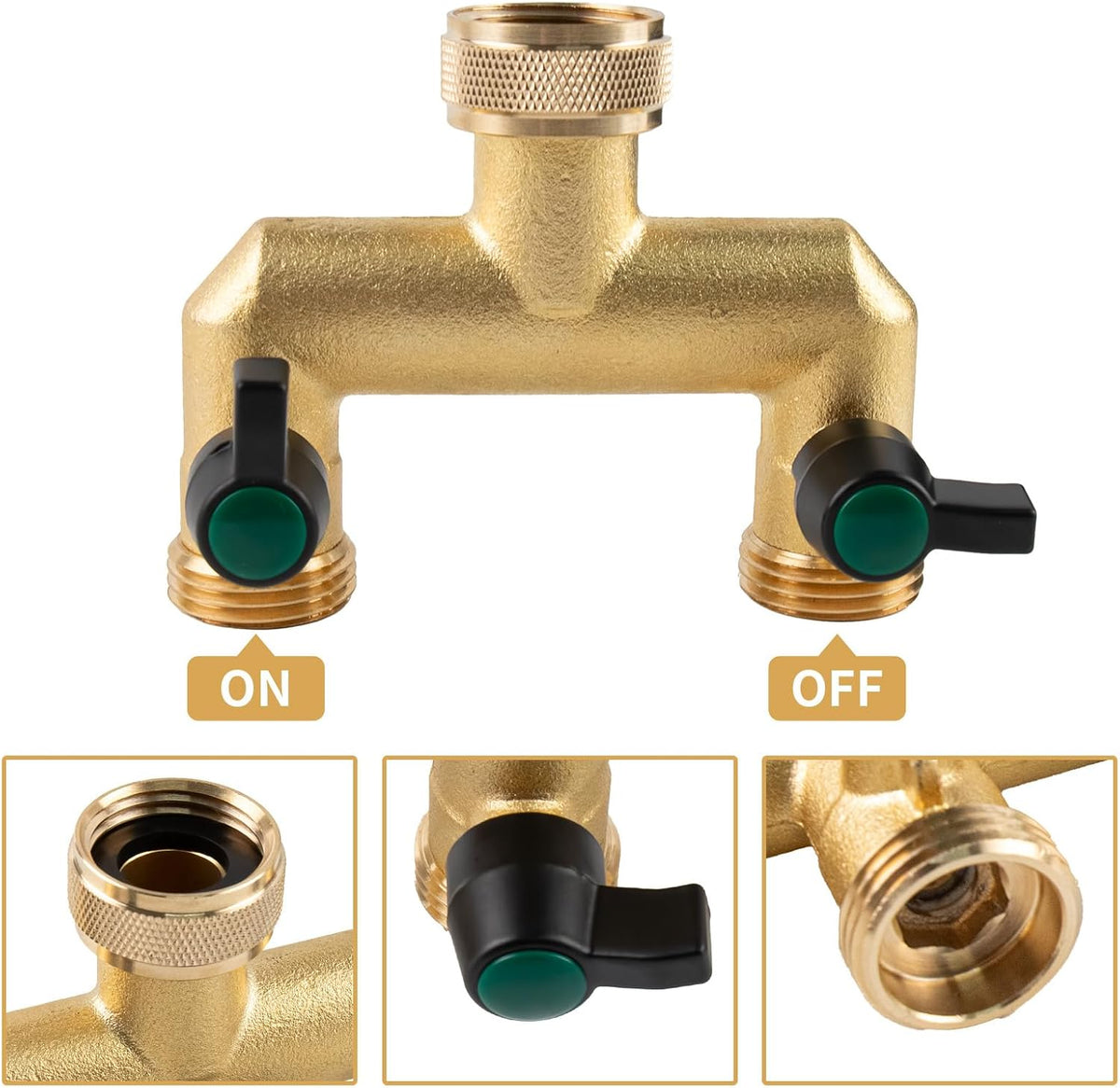 Hose Splitter, 2 Way Heavy Duty Brass Garden Hose Splitter, Outdoor Faucet Splitter, for 3/4" Hose Connector, Hose Spigot Adapter with 2 Individual ON/Off Valves