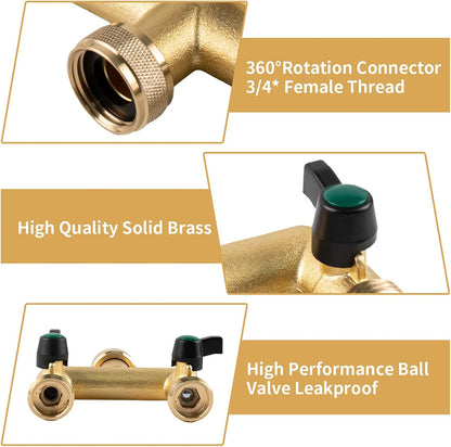 Hose Splitter, 2 Way Heavy Duty Brass Garden Hose Splitter, Outdoor Faucet Splitter, for 3/4" Hose Connector, Hose Spigot Adapter with 2 Individual ON/Off Valves