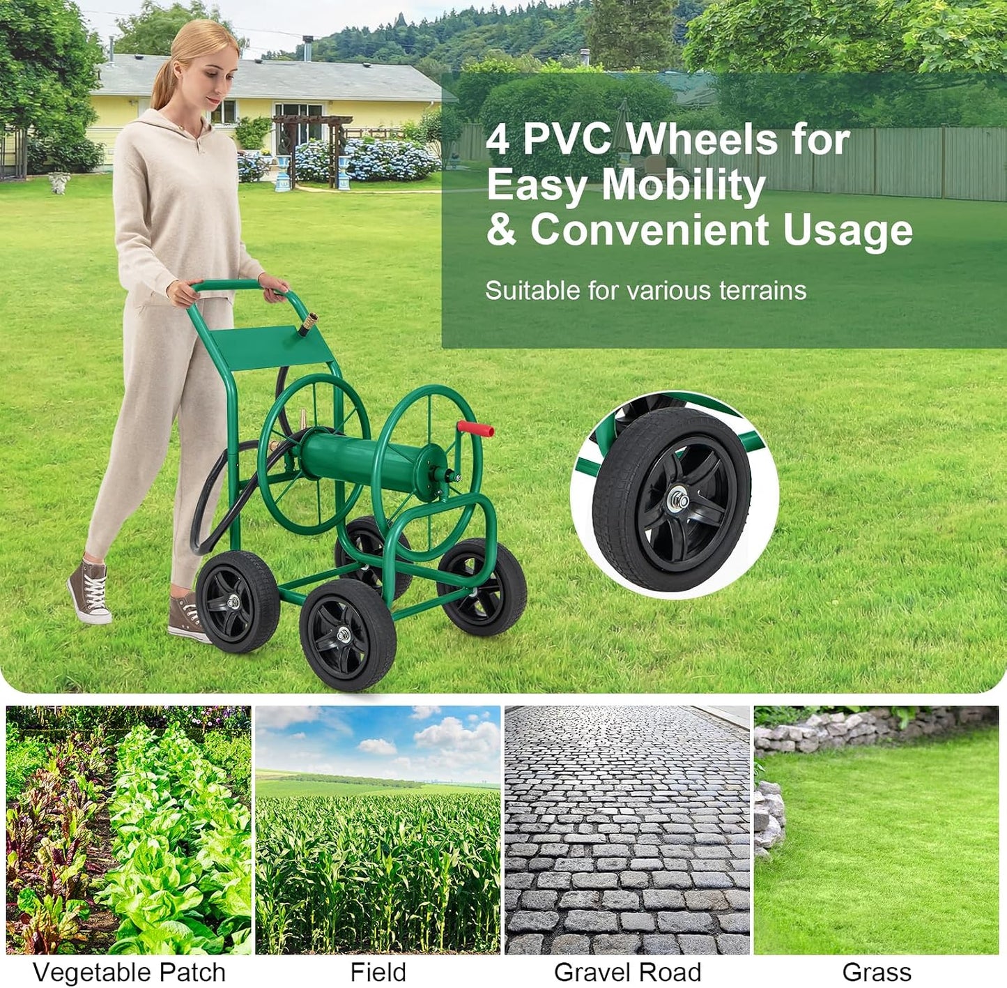 Garden Hose Reel Cart, Heavy Duty Water Planting Cart w/Non-slip Crank Handle, 4 Solid Wheels, Outdoor Hose Reel Holds 330FT of 3/4", 5/8” & 400FT of 1/2" Hose for Garden Yard Lawn Farm (Green)