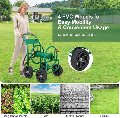 Garden Hose Reel Cart, Heavy Duty Water Planting Cart w/Non-slip Crank Handle, 4 Solid Wheels, Outdoor Hose Reel Holds 330FT of 3/4", 5/8” & 400FT of 1/2" Hose for Garden Yard Lawn Farm (Green)