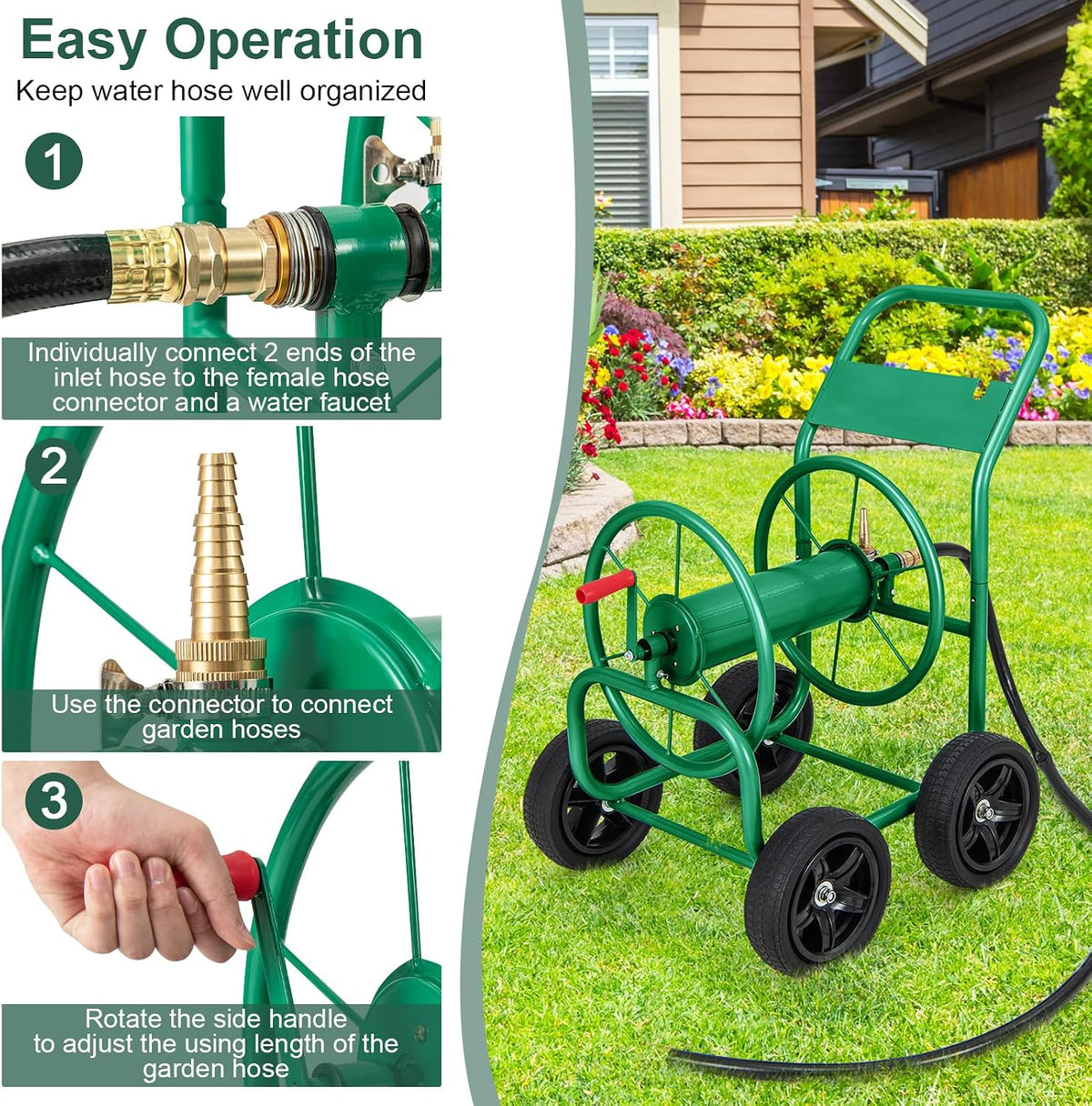 Garden Hose Reel Cart, Heavy Duty Water Planting Cart w/Non-slip Crank Handle, 4 Solid Wheels, Outdoor Hose Reel Holds 330FT of 3/4", 5/8” & 400FT of 1/2" Hose for Garden Yard Lawn Farm (Green)