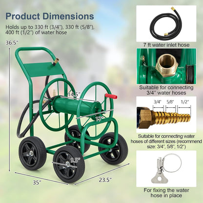 Garden Hose Reel Cart, Heavy Duty Water Planting Cart w/Non-slip Crank Handle, 4 Solid Wheels, Outdoor Hose Reel Holds 330FT of 3/4", 5/8” & 400FT of 1/2" Hose for Garden Yard Lawn Farm (Green)