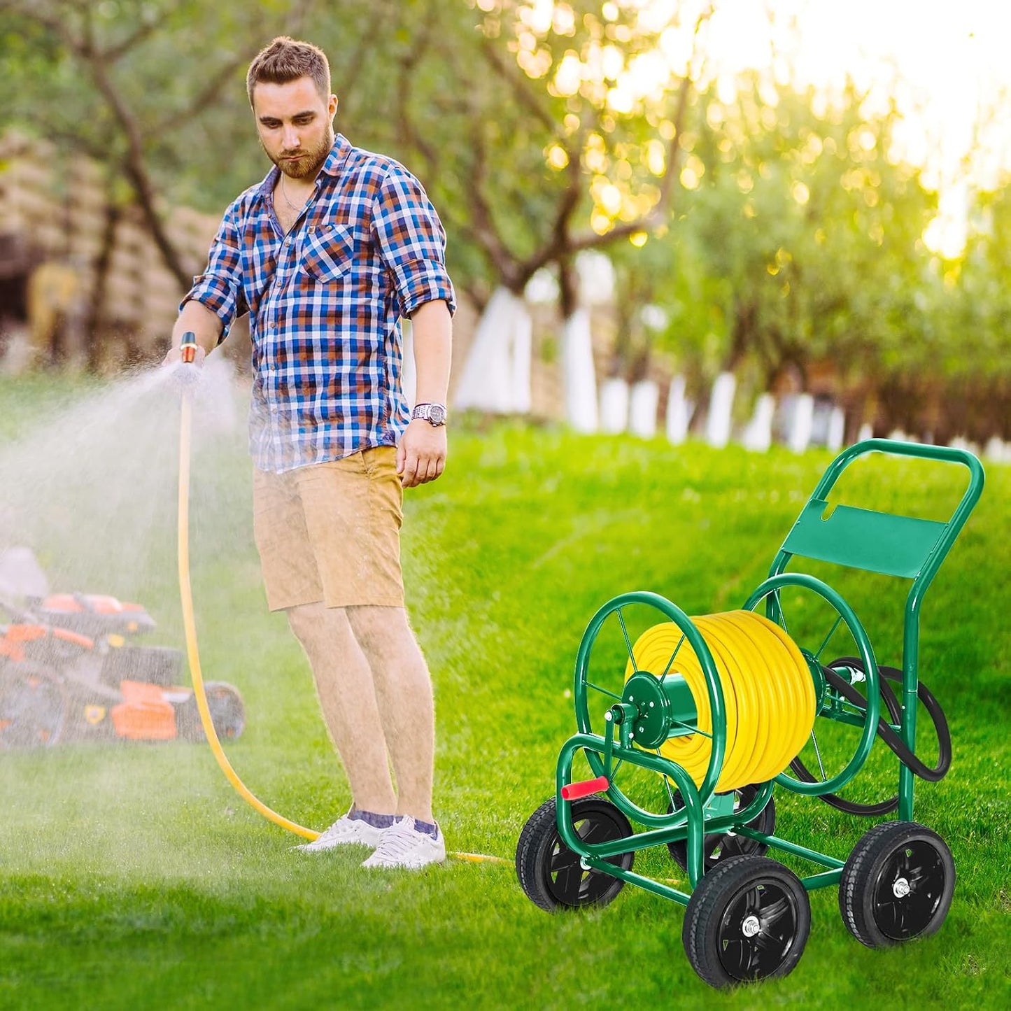 Garden Hose Reel Cart, Heavy Duty Water Planting Cart w/Non-slip Crank Handle, 4 Solid Wheels, Outdoor Hose Reel Holds 330FT of 3/4", 5/8” & 400FT of 1/2" Hose for Garden Yard Lawn Farm (Green)