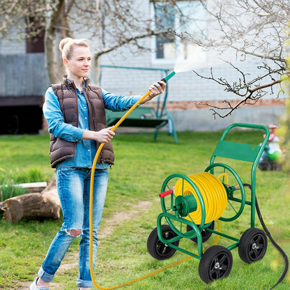 Garden Hose Reel Cart, Heavy Duty Water Planting Cart w/Non-slip Crank Handle, 4 Solid Wheels, Outdoor Hose Reel Holds 330FT of 3/4", 5/8” & 400FT of 1/2" Hose for Garden Yard Lawn Farm (Green)