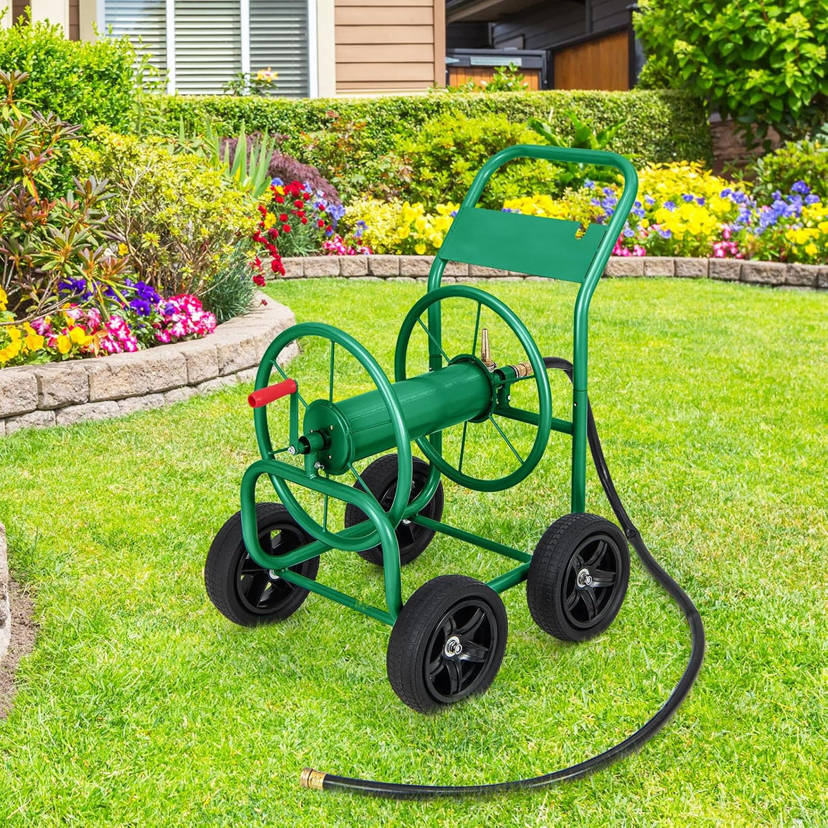 Garden Hose Reel Cart, Heavy Duty Water Planting Cart w/Non-slip Crank Handle, 4 Solid Wheels, Outdoor Hose Reel Holds 330FT of 3/4", 5/8” & 400FT of 1/2" Hose for Garden Yard Lawn Farm (Green)
