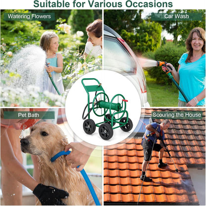 Garden Hose Reel Cart, Heavy Duty Water Planting Cart w/Non-slip Crank Handle, 4 Solid Wheels, Outdoor Hose Reel Holds 330FT of 3/4", 5/8” & 400FT of 1/2" Hose for Garden Yard Lawn Farm (Green)