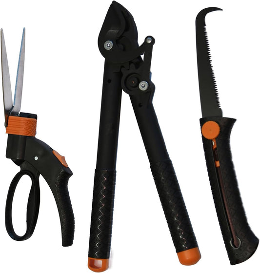 3-Piece Lightweight Garden Tool Kit with Rotating Grass Shears, Compact Lopper & Retractable Pruning Saw for Backyard Trimming & Light Yard Care