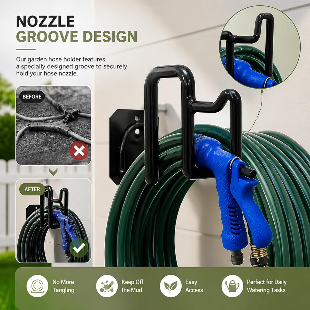 304 Stainless Steel Garden Hose Hanger, Rustproof No-Tool Mount & Holder, Heavy Duty Wall Hook for Outdoor Water, Keeps Hose Off Ground for Garden Workshop