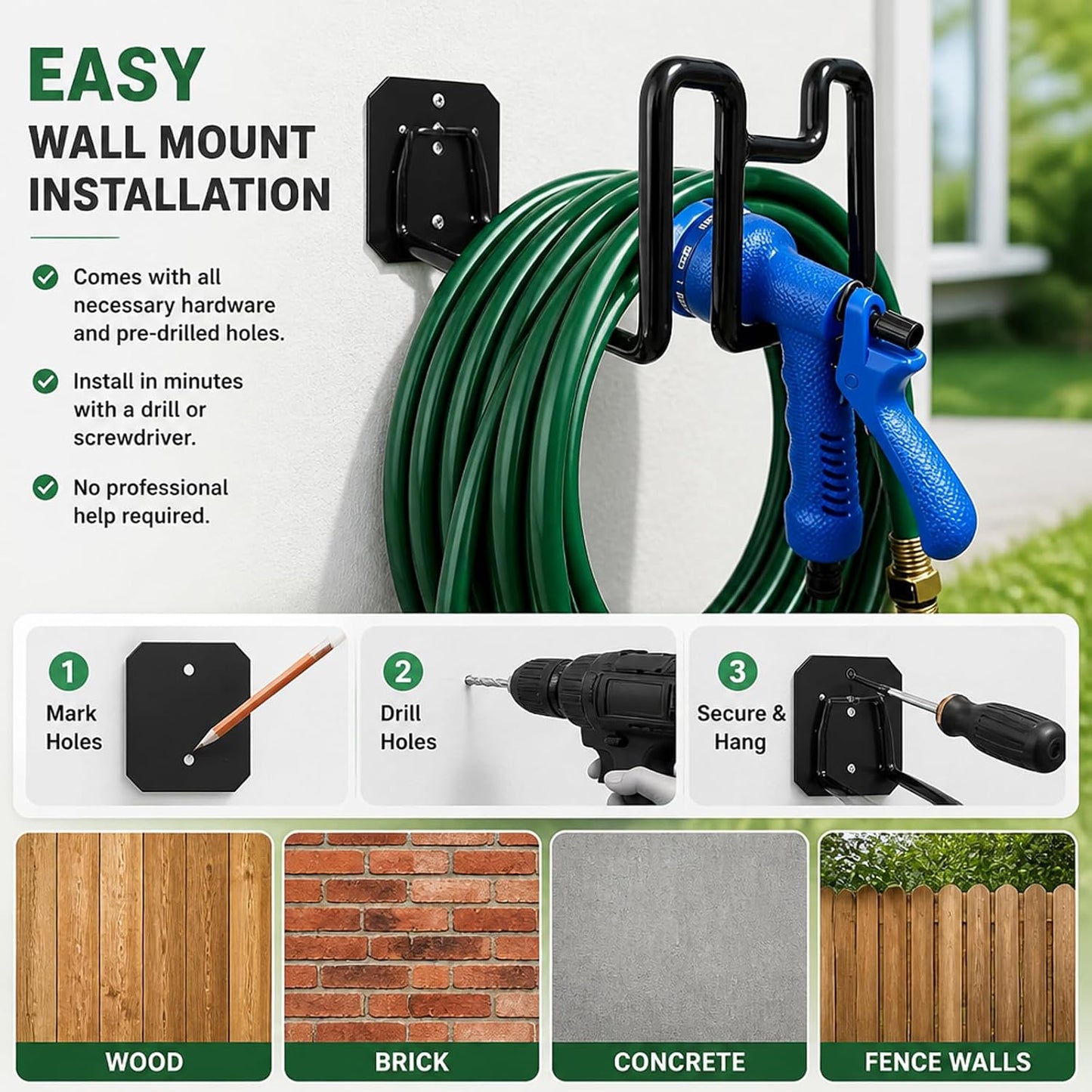 304 Stainless Steel Garden Hose Hanger, Rustproof No-Tool Mount & Holder, Heavy Duty Wall Hook for Outdoor Water, Keeps Hose Off Ground for Garden Workshop