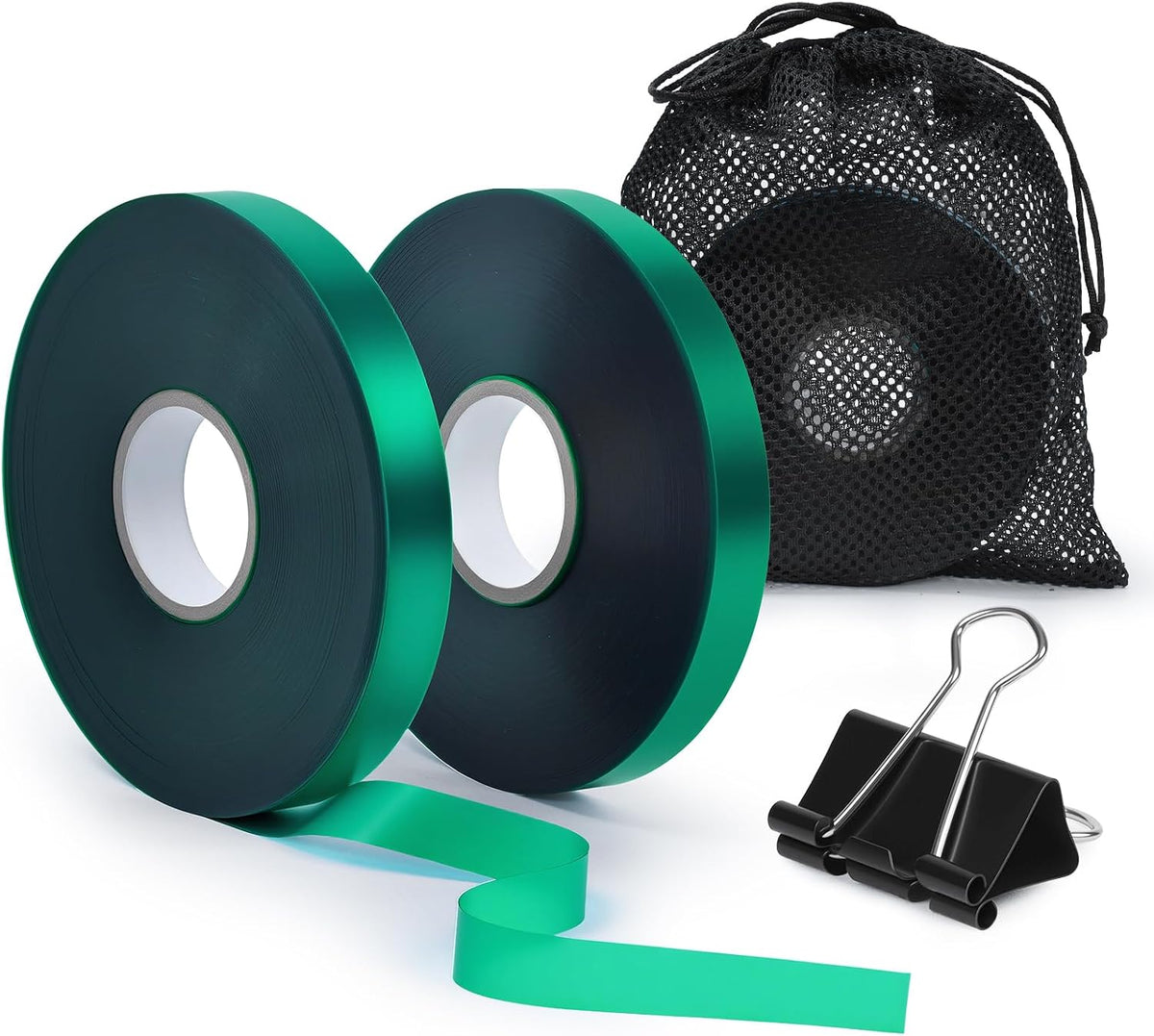 Plant Tie Tape – 2 Rolls (394 ft Total), 0.5" Wide, Non-Adhesive Stretch PVC Garden Ties for Tomato, Vine, Rose & Tree Support, Reusable & Weather-Resistant, Includes Mesh Bag & Binder Clip