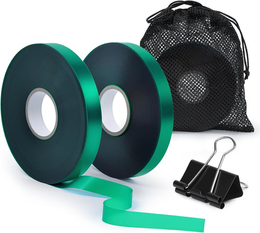 Plant Tie Tape – 2 Rolls (394 ft Total), 0.5" Wide, Non-Adhesive Stretch PVC Garden Ties for Tomato, Vine, Rose & Tree Support, Reusable & Weather-Resistant, Includes Mesh Bag & Binder Clip