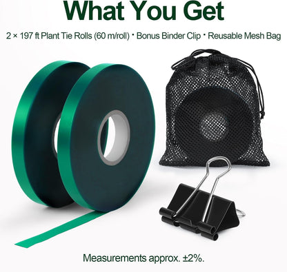 Plant Tie Tape – 2 Rolls (394 ft Total), 0.5" Wide, Non-Adhesive Stretch PVC Garden Ties for Tomato, Vine, Rose & Tree Support, Reusable & Weather-Resistant, Includes Mesh Bag & Binder Clip