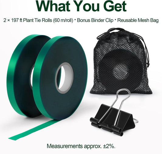 Plant Tie Tape – 2 Rolls (394 ft Total), 0.5" Wide, Non-Adhesive Stretch PVC Garden Ties for Tomato, Vine, Rose & Tree Support, Reusable & Weather-Resistant, Includes Mesh Bag & Binder Clip